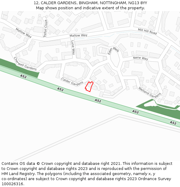 12, CALDER GARDENS, BINGHAM, NOTTINGHAM, NG13 8YY: Location map and indicative extent of plot