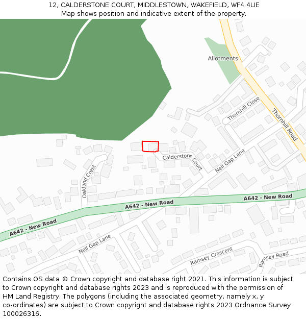 12, CALDERSTONE COURT, MIDDLESTOWN, WAKEFIELD, WF4 4UE: Location map and indicative extent of plot