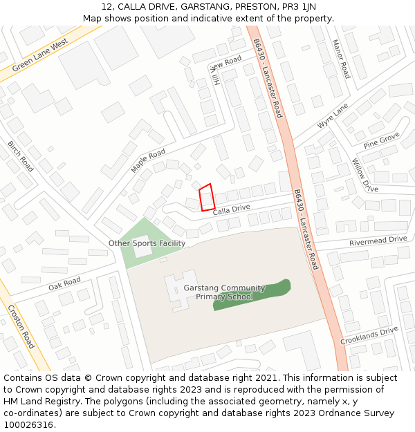 12, CALLA DRIVE, GARSTANG, PRESTON, PR3 1JN: Location map and indicative extent of plot