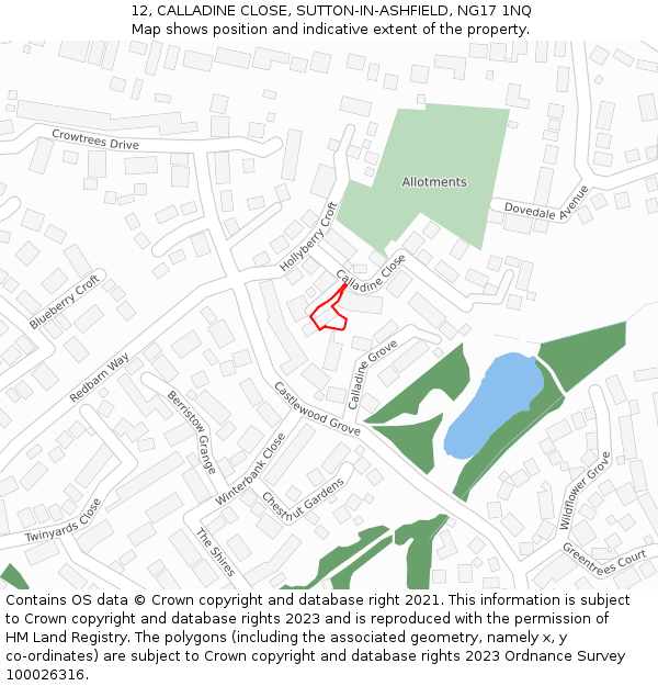 12, CALLADINE CLOSE, SUTTON-IN-ASHFIELD, NG17 1NQ: Location map and indicative extent of plot