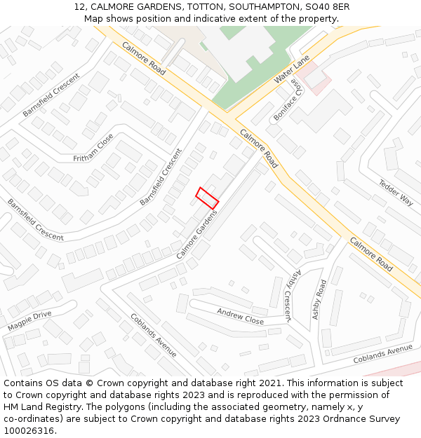 12, CALMORE GARDENS, TOTTON, SOUTHAMPTON, SO40 8ER: Location map and indicative extent of plot