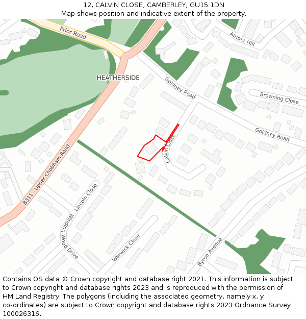 12, CALVIN CLOSE, CAMBERLEY, GU15 1DN: Location map and indicative extent of plot