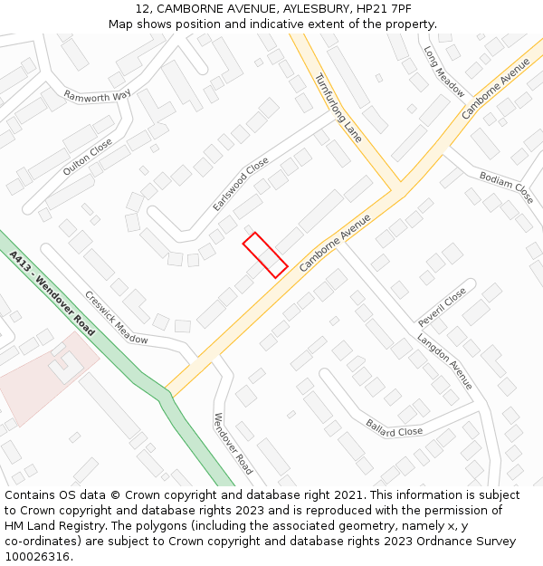 12, CAMBORNE AVENUE, AYLESBURY, HP21 7PF: Location map and indicative extent of plot