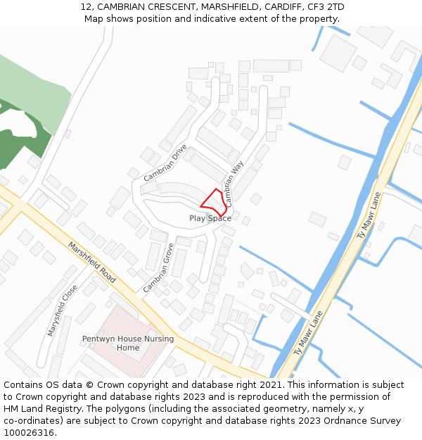 12, CAMBRIAN CRESCENT, MARSHFIELD, CARDIFF, CF3 2TD: Location map and indicative extent of plot