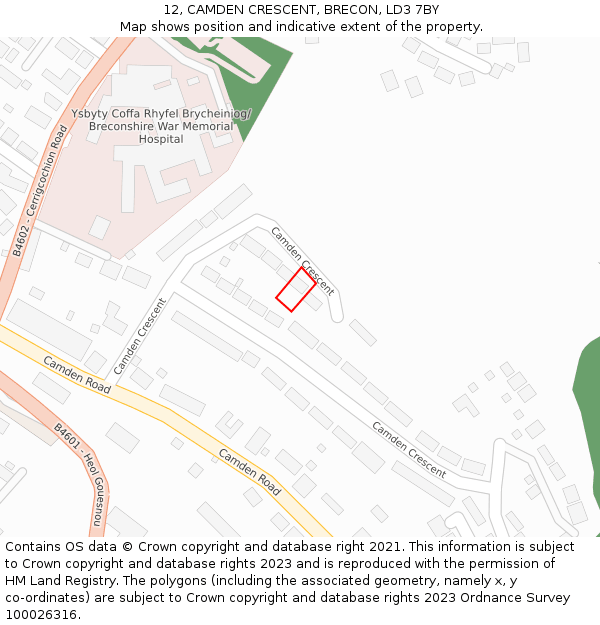 12, CAMDEN CRESCENT, BRECON, LD3 7BY: Location map and indicative extent of plot