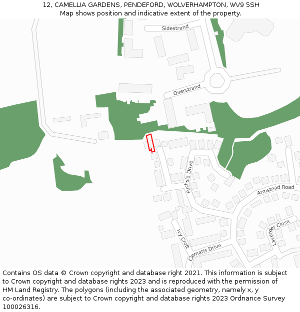 12, CAMELLIA GARDENS, PENDEFORD, WOLVERHAMPTON, WV9 5SH: Location map and indicative extent of plot