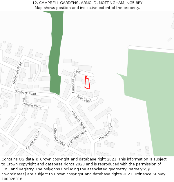 12, CAMPBELL GARDENS, ARNOLD, NOTTINGHAM, NG5 8RY: Location map and indicative extent of plot