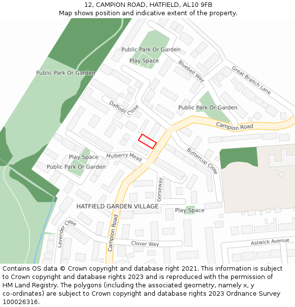 12, CAMPION ROAD, HATFIELD, AL10 9FB: Location map and indicative extent of plot