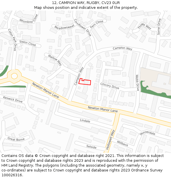 12, CAMPION WAY, RUGBY, CV23 0UR: Location map and indicative extent of plot