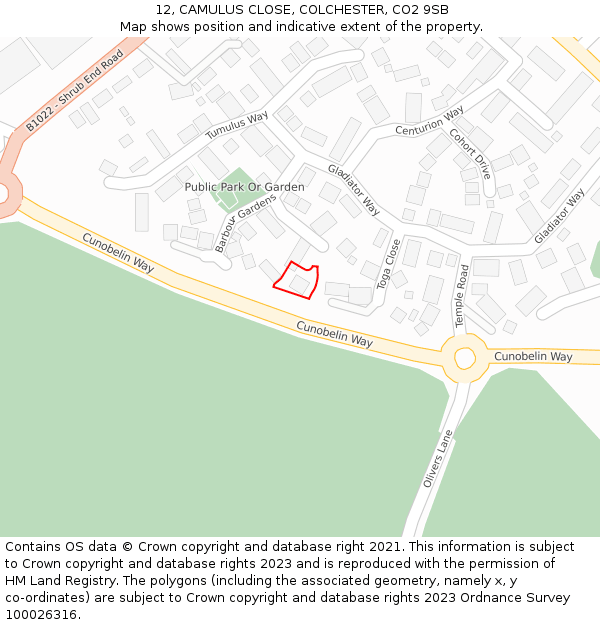 12, CAMULUS CLOSE, COLCHESTER, CO2 9SB: Location map and indicative extent of plot