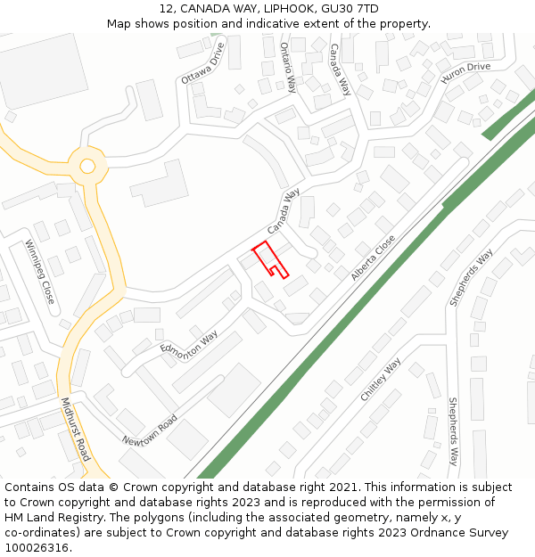 12, CANADA WAY, LIPHOOK, GU30 7TD: Location map and indicative extent of plot