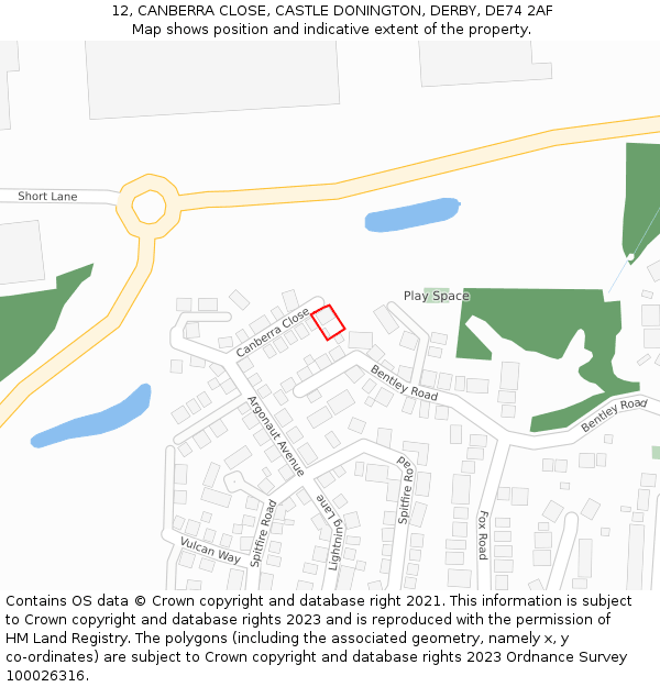 12, CANBERRA CLOSE, CASTLE DONINGTON, DERBY, DE74 2AF: Location map and indicative extent of plot
