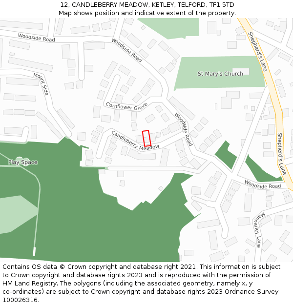 12, CANDLEBERRY MEADOW, KETLEY, TELFORD, TF1 5TD: Location map and indicative extent of plot