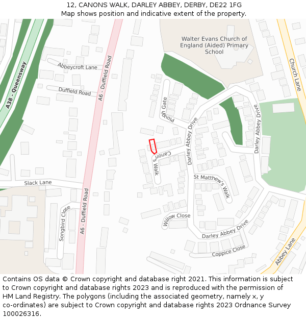 12, CANONS WALK, DARLEY ABBEY, DERBY, DE22 1FG: Location map and indicative extent of plot