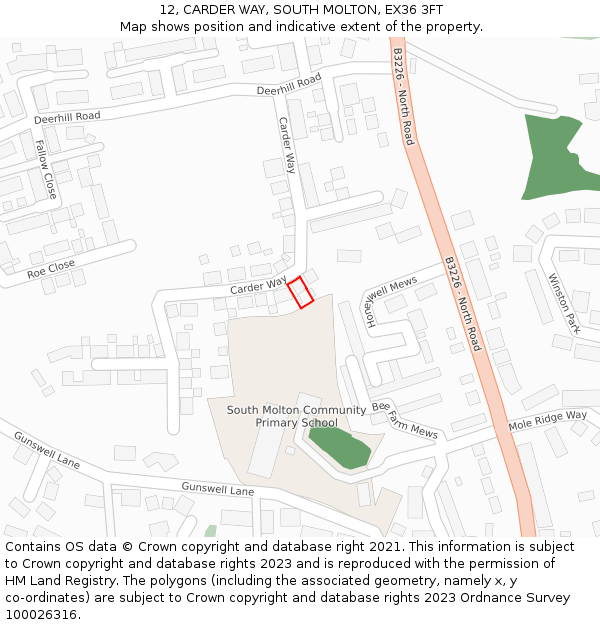 12, CARDER WAY, SOUTH MOLTON, EX36 3FT: Location map and indicative extent of plot