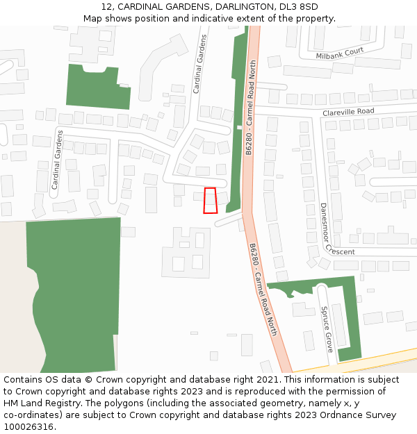 12, CARDINAL GARDENS, DARLINGTON, DL3 8SD: Location map and indicative extent of plot