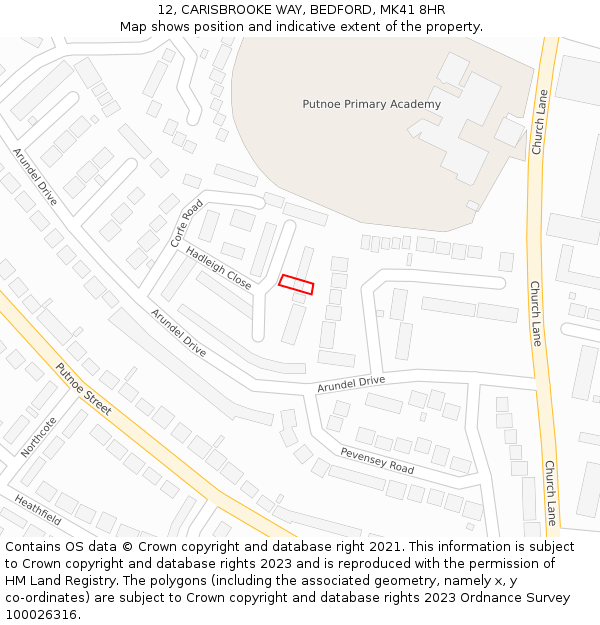 12, CARISBROOKE WAY, BEDFORD, MK41 8HR: Location map and indicative extent of plot