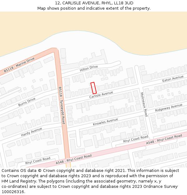 12, CARLISLE AVENUE, RHYL, LL18 3UD: Location map and indicative extent of plot