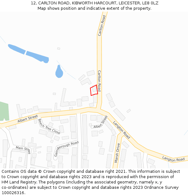 12, CARLTON ROAD, KIBWORTH HARCOURT, LEICESTER, LE8 0LZ: Location map and indicative extent of plot