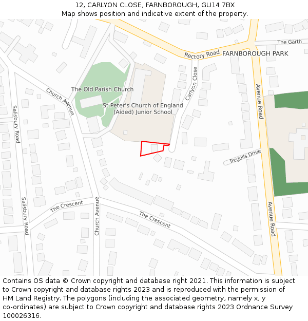 12, CARLYON CLOSE, FARNBOROUGH, GU14 7BX: Location map and indicative extent of plot