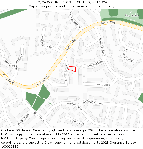 12, CARMICHAEL CLOSE, LICHFIELD, WS14 9YW: Location map and indicative extent of plot