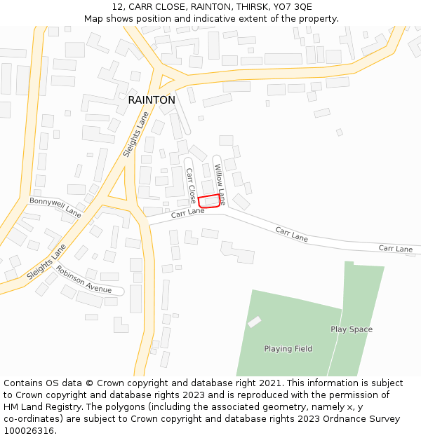 12, CARR CLOSE, RAINTON, THIRSK, YO7 3QE: Location map and indicative extent of plot