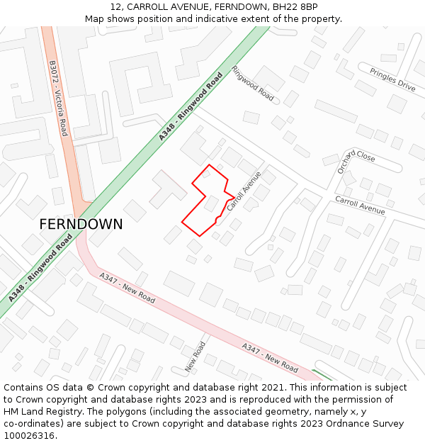 12, CARROLL AVENUE, FERNDOWN, BH22 8BP: Location map and indicative extent of plot