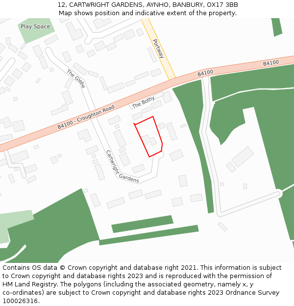 12, CARTWRIGHT GARDENS, AYNHO, BANBURY, OX17 3BB: Location map and indicative extent of plot