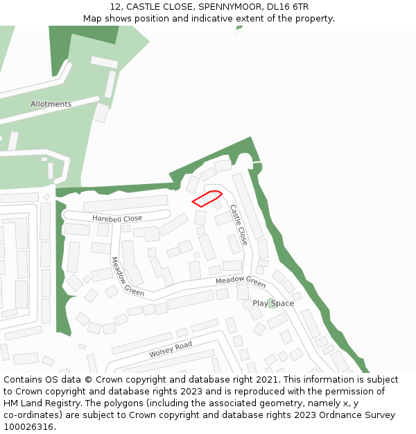 12, CASTLE CLOSE, SPENNYMOOR, DL16 6TR: Location map and indicative extent of plot