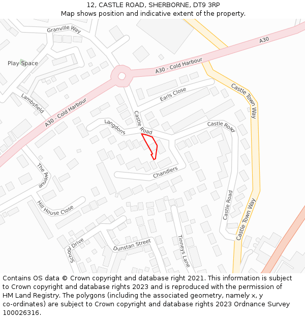 12, CASTLE ROAD, SHERBORNE, DT9 3RP: Location map and indicative extent of plot