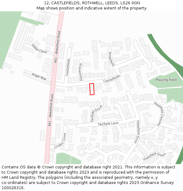 12, CASTLEFIELDS, ROTHWELL, LEEDS, LS26 0GN: Location map and indicative extent of plot