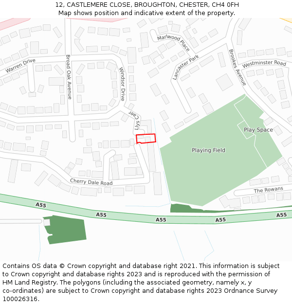 12, CASTLEMERE CLOSE, BROUGHTON, CHESTER, CH4 0FH: Location map and indicative extent of plot