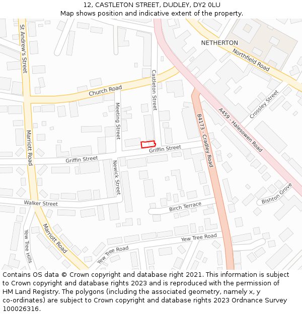 12, CASTLETON STREET, DUDLEY, DY2 0LU: Location map and indicative extent of plot