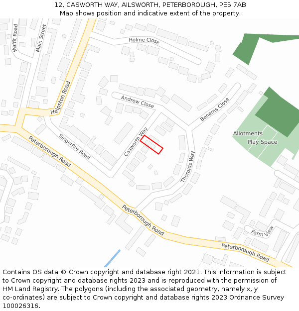 12, CASWORTH WAY, AILSWORTH, PETERBOROUGH, PE5 7AB: Location map and indicative extent of plot
