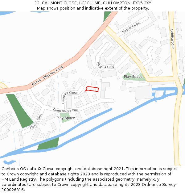12, CAUMONT CLOSE, UFFCULME, CULLOMPTON, EX15 3XY: Location map and indicative extent of plot