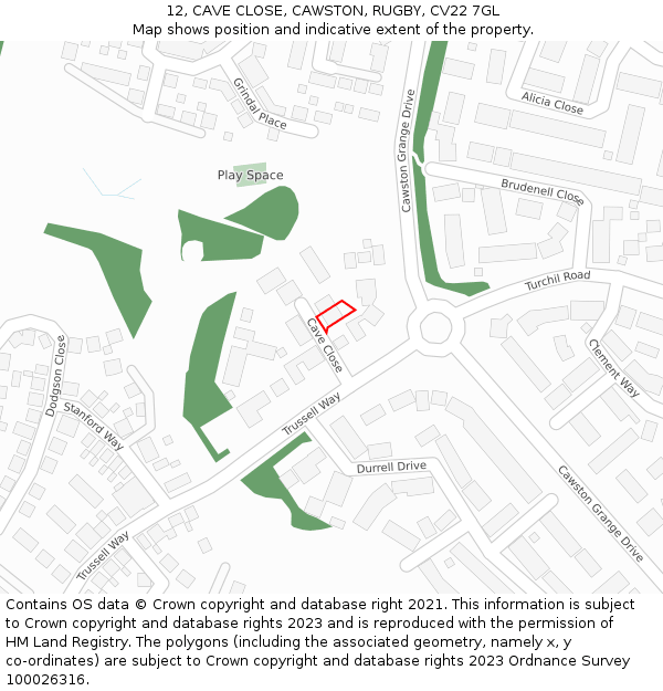 12, CAVE CLOSE, CAWSTON, RUGBY, CV22 7GL: Location map and indicative extent of plot