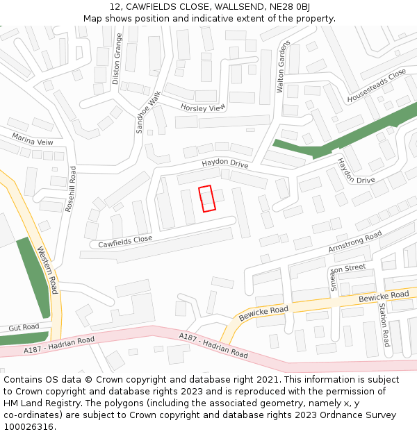 12, CAWFIELDS CLOSE, WALLSEND, NE28 0BJ: Location map and indicative extent of plot