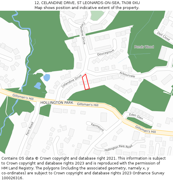 12, CELANDINE DRIVE, ST LEONARDS-ON-SEA, TN38 0XU: Location map and indicative extent of plot