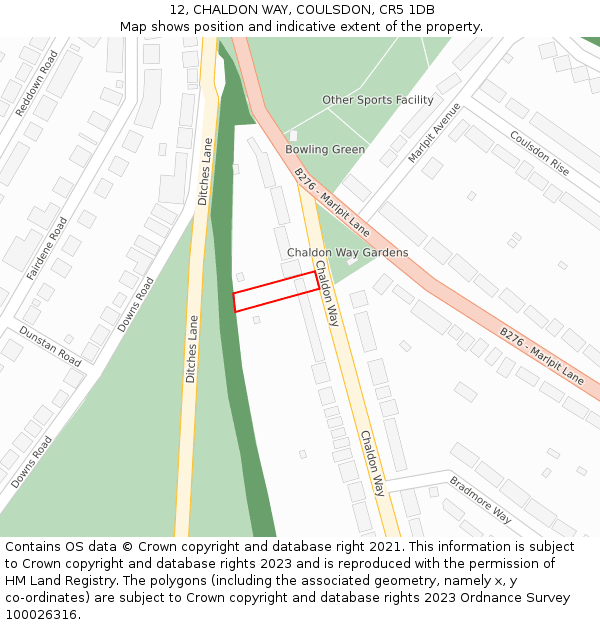 12, CHALDON WAY, COULSDON, CR5 1DB: Location map and indicative extent of plot