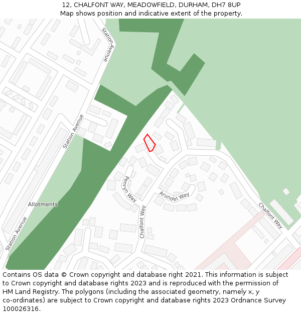 12, CHALFONT WAY, MEADOWFIELD, DURHAM, DH7 8UP: Location map and indicative extent of plot