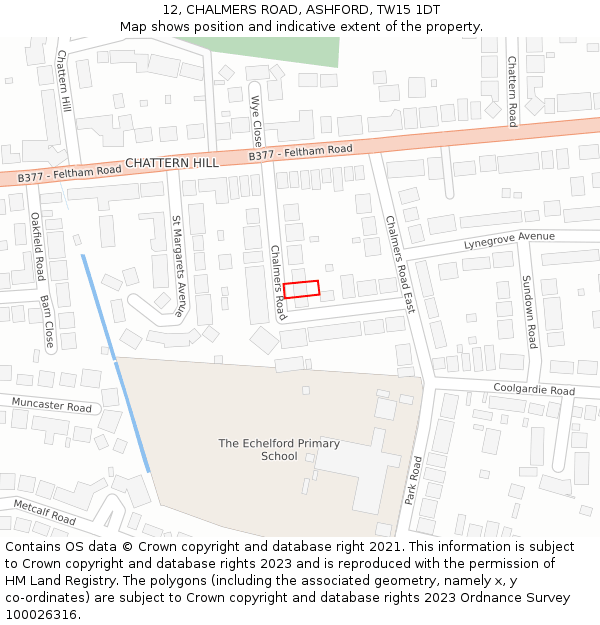 12, CHALMERS ROAD, ASHFORD, TW15 1DT: Location map and indicative extent of plot