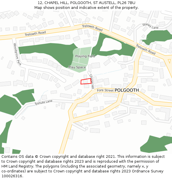 12, CHAPEL HILL, POLGOOTH, ST AUSTELL, PL26 7BU: Location map and indicative extent of plot