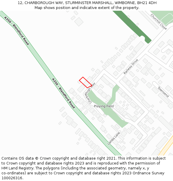 12, CHARBOROUGH WAY, STURMINSTER MARSHALL, WIMBORNE, BH21 4DH: Location map and indicative extent of plot