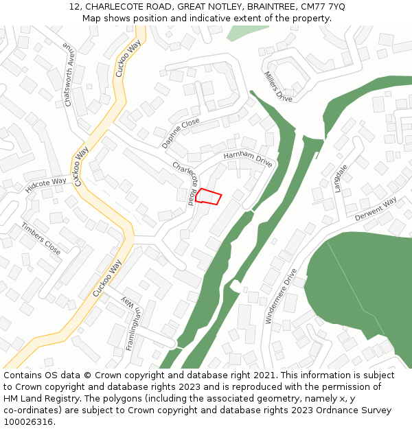 12, CHARLECOTE ROAD, GREAT NOTLEY, BRAINTREE, CM77 7YQ: Location map and indicative extent of plot