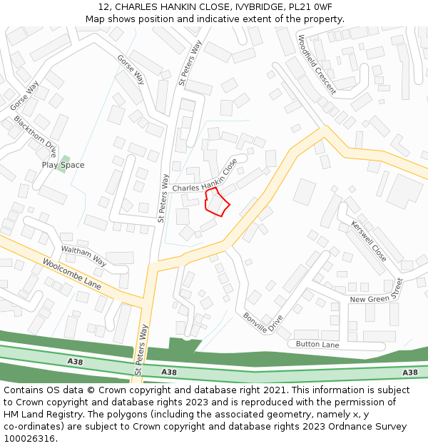 12, CHARLES HANKIN CLOSE, IVYBRIDGE, PL21 0WF: Location map and indicative extent of plot