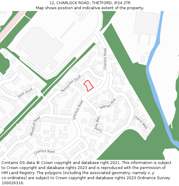 12, CHARLOCK ROAD, THETFORD, IP24 2TR: Location map and indicative extent of plot