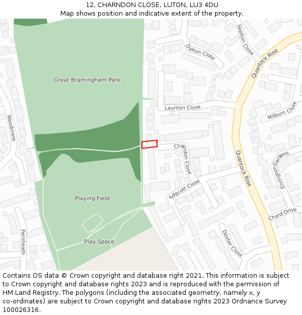 12, CHARNDON CLOSE, LUTON, LU3 4DU: Location map and indicative extent of plot