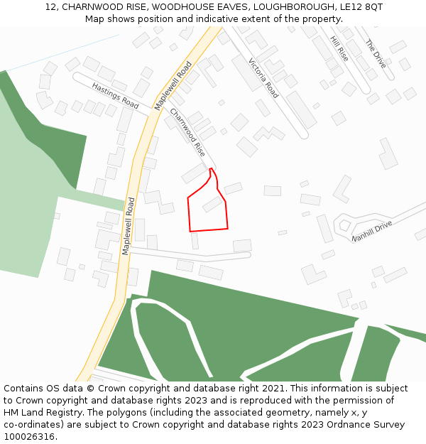 12, CHARNWOOD RISE, WOODHOUSE EAVES, LOUGHBOROUGH, LE12 8QT: Location map and indicative extent of plot