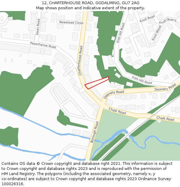 12, CHARTERHOUSE ROAD, GODALMING, GU7 2AG: Location map and indicative extent of plot