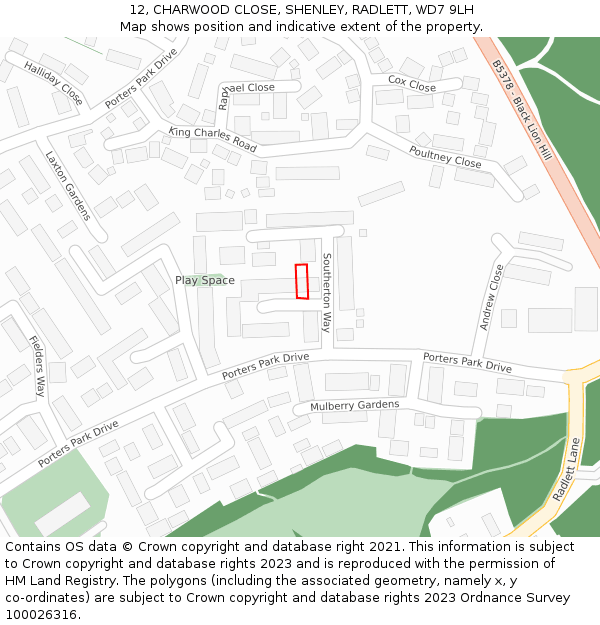 12, CHARWOOD CLOSE, SHENLEY, RADLETT, WD7 9LH: Location map and indicative extent of plot